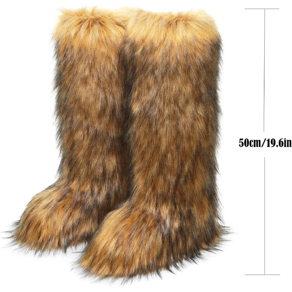 🆕Women Brown Faux Fur Fluffy Cosy Round Toe Knee High Warm Outdoor Fur Boot